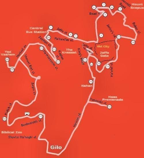Mappa dei tour in autobus Gerusalemme Hop On Hop Off